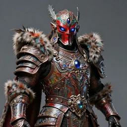 fantasy art hyper ultra 4 k photo of a bizarre metal colorful armor warrior red blue black glowing eyes mask made of ceramic gem fur and feather trim intricately spectacular magnificently story carved by a master engraver by h. r. giger