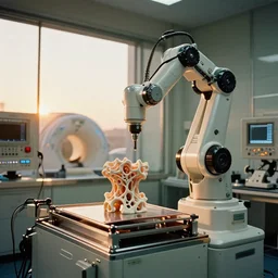 a complex bifurcated anthropomorphic robotic cnc surgical arm hybrid mri 3 d printer machine making organic ceramic fractal forms in the glass room laboratory with control panels, golden hour, film still from the movie directed by denis villeneuve with art direction by salvador dali, wide lens, f 3 2, golden hour,