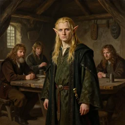 Beautiful hyperrealistic detailed matte portrait painting of an elf in a tavern that looks like it's from lord of the rings and bazaar by greg rutkowski, andreas rocha and john howe, and Martin Johnson Heade,featured on artstation, ultrawide angle,f16 , golden ratio, f32, well composed, cohesive