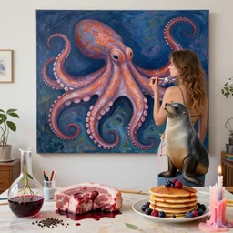 sensual, female artist in her apartment, surgical equipment, giant octopus, a fur seal, raw pork, berry juice drips, pancakes, berries, peppercorns scientific glassware with plant roots, art supplies, candles dripping wax, neo - impressionist surrealism, acrylic and spray paint and oilstick on canvas