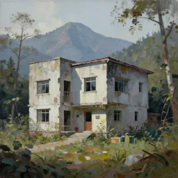 oil paint brutalist house on a secluded mountain with trees around