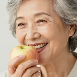 beautiful grandmother smiling, eating apple, closeup, high res photo