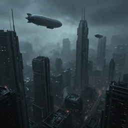 looking down at the cyberpunk city, airships shuttle in the air, cold and dark color scheme, fog, rainy days, future architectures, marc simonetti on artstation.