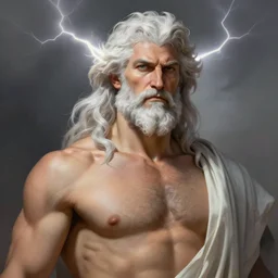 painted portrait of rugged zeus, god of thunder, greek god, white hair, masculine, mature, handsome, upper body, muscular, hairy chest, fantasy, intricate, elegant, highly detailed, digital painting, artstation, concept art, smooth, sharp focus, illustration, art by gaston bussiere and greg rutkowski