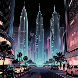 street view of futuristic cyberpunk city at night, retro. james gilleard. cyberpunk art by stephan martiniere, cgsociety, ring towers, line art, retrofuturism, futuristic, zaha hadid, beeple