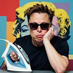 the portrait of depressed, miserable, sorrow elon musk worrying he forgot to unplug the iron. wearing retro squared sun glasses. colorful pop art, modern art, by andy warhol