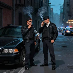 two mafia criminals standing in a dark alley in new york and smoking a cigar while a black bmw is parked next to them, police cars in the distance, digital illustration, amazing detail, in the style of greg rutkowski