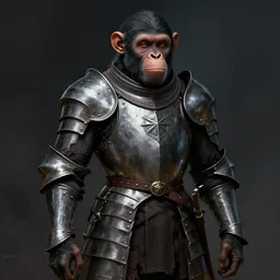 chimp wearing medieval suit of armor, illustration, concept art, art by wlop, dark, moody, dramatic