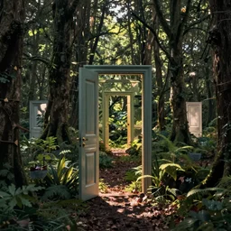 A beautiful forest with doors leading into another dimension