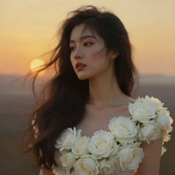 oil painting close up portrait of a contemplative young asian woman with long dark flowing hair in a dress made of white roses!! at sunset, hazy, digital art, chiaroscuro, artstation, cinematic, golden hour, digital art painting by greg rutkowski, william - adolphe bouguereau, hazy atmosphere, cinematic lighting