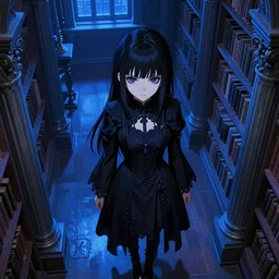 1 7 - year - old goth girl, black hair, long bob cut, long bangs, gothic coat, gloomy library, deep blue lighting, old library, roman pillars, high vantage point, strong lighting, strong shadows, vivid hues, ultra - realistic, sharp details, subsurface scattering, intricate details, hd anime, 2 0 1 9 anime