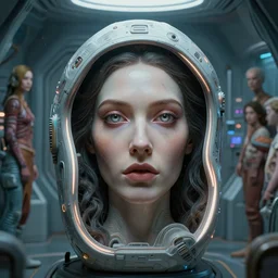detailed face of a woman with obsidian eyes in a biomorphic sarcophagus, life support chamber, retro 7 0 s sci - fi, rim lighting, surreal lowbrow, pj crook, syd mead, livia prima, artgerm, greg rutkowski, nick alm, casey baugh