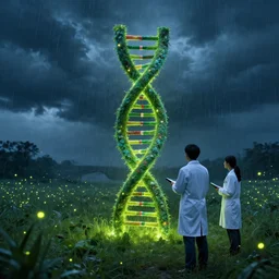 in a field, two scientists in lab coats encounter a monster shaped like the DNA double helix, stormy weather, night scene, volumetric light, fireflies