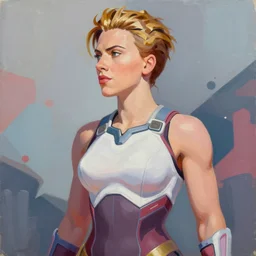 greg manchess portrait painting of scarlett johansson as zarya from overwatch, medium shot, robust body, asymmetrical, profile picture, organic painting, sunny day, matte painting, bold shapes, hard edges, street art, trending on artstation, by huang guangjian and gil elvgren and sachin teng