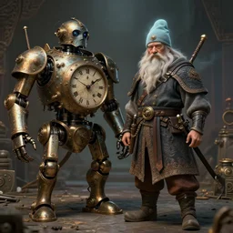 an old dwarf musketeer and his large clockwork robot companion, golem, steampunk, ming dynasty, chinese fantasy, realistic, detailed, dungeons and dragons, tabletop rpg, ghostblade, wlop.