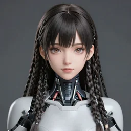 portrait of an aesthetic cyborg woman with long dreads, anime, detailed anime, hyper detailed anime, realistic anime, hyper realistic anime, cel shading, toon shading, straight on, hd, 4 k, 2 point studio lighting, detailed, highly detailed, concept art, full body character concept art,