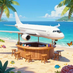 a concorde plane transformed in a beach bar in the middle of a paradisiac lagoon full of tropical fish, butterflies, palms and surrounded by riverfalls, global illumination lighting artstation, ilya kuvshinov