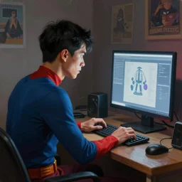 an insanely detailed painting of a asian man wearing a superhero costume, sitting at a desk, staring at the nervously at the computer and typing, in the style of peter mohrbacher, dramatic lighting and composition, surreal background, octane render, pixar, trending on artstation, concept art, comic book, view from behind