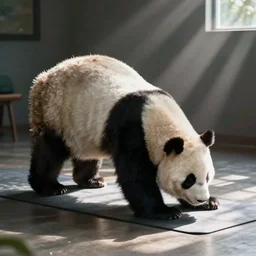 a panda doing downward facing dog on a yoga mat, indoors, as seen from the side