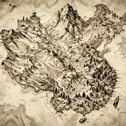 detailed fantasy map with mountains rivers and forests tolkinesque style sepia ink painted