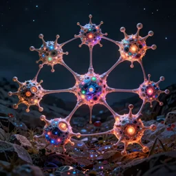 quantum connections represented as symbiotic organisms like cells playing around with colorful lights by elke vogelsang
