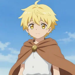 anime style, blonde kid with yellow eyes wearing a brown cape
