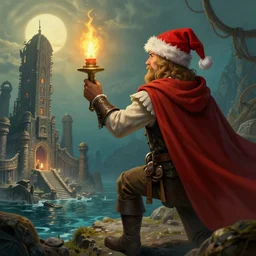 concept art of a swashbuckler holding a candle holder discovering a sunken city, wearing a cape, wearing a santa hat, highly detailed, digital art, illustration, artstation, very detailed, 4 k