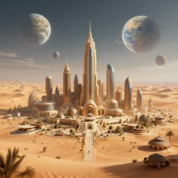 an afrofuturistic metropolis in an african desert, fantastic planets in the sky, digital artwork, extremely detailed, cinematic photography, 4 k