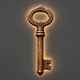 a medieval wooden door key, rpg inventory item, Warcraft style, outer glow, solid background, trending on artstation