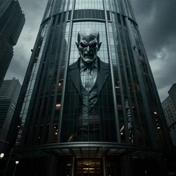 photo of the headquarters building of a high-tech James-Bond-villian, urban setting, evil, menacing, ominous, threatening, sinister, malevolent, glowering. architectural-photography. Highly-detailed, photographic, cinematic, dramatic, establishing shot