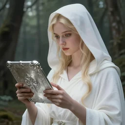 half - body portrait of the goddess of memory carving a silver tablet in a forest, white hood, white robes, blonde, fantasy, magical, realistic and detailed, spiritual, supernatural, intricate, elegant, highly detailed, digital painting, trending on artstation, by wlop, 4 k octane render