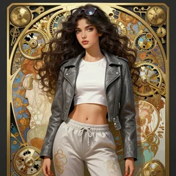 girl in very short white! top and very short gray! leather jacket, open belly, long dark curly hair, sports glasses on the hair!, high waist sweatpants, intricate, elegant, highly detailed, digital painting, artstation, concept art, smooth, clockwork, sharp focus, illustration, metart, art by artgerm and greg rutkowski and alphonse mucha, 8 k