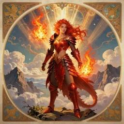 a singular beautiful young princess who is a fire wizard with fire red hair and freckles. she is wearing red dragon armor with an exposed midriff. she is standing on a mountain top with epic clouds, god rays, and volumetric lighting. an intricate illustration that is a highly detailed digital painting. concept art by artgerm with border and embellishments inspired by alphonse mucha. inspired by brom art and larry elmore.