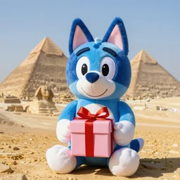 blue'snappy gifts'human - sized plush doll, at the pyramids in egypt, holding gift, happy atmosphere, high detail, soft lighting, 8 k