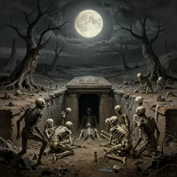 a dramatic matte painting of the tomb in the dystopian landscape is opening through the ground, the dead has arisen under the glowing moon, dead trees and a brooding landscape by giger and dariusz zawadzki and beksinsk