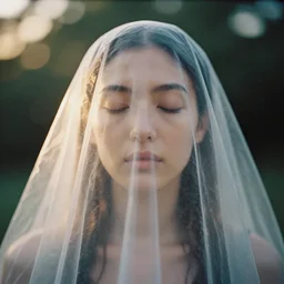 head and shoulder frontal face portrait photography of a beautiful woman fully covered in a plastic transparent veil by alex prager. vogue. closed eyes. kodak portra. ( depth of field ). whirl bokeh!!. golden hour. detailed. hq. realistic. muted colors. filmic. lens flare. mamiya 7 ii, f / 1. 2, symmetrical balance, in - frame