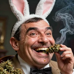 hyper realistic, close up portrait of a mega derpy mr. bean!!, big chungus!!, with bunny ears, smoking massive amounts of weed, big smile, buck teeth, by greg rutkowski, scott m fischer, artgerm, loish, slight glow, atmospheric, anne stokes, alexandros pyromallis, alien, drool, 4 k, 8 k