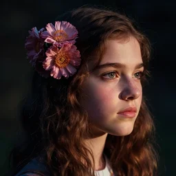 beautiful teenage portrait of Eleven from the stranger things by (((Marco Mazzoni ))) marco mazzoni ,dark ,detailed!! ,(((flowers on hair))) ,portrait, side light!!!