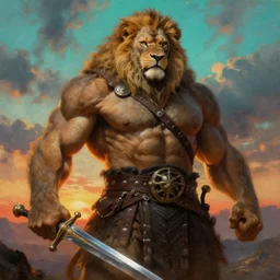 muscular lion as barbarian hunter  with chest armor and shiny sword , full human oversized mutant proportions hairy body , backlight  body , extreme very textured detailed panoramic portrait oil painting by rembrandt, sunset, dramatic clouds and cyan atmosphere