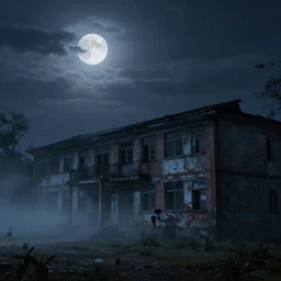 midnight, the moon obscured by clouds, the dilapidated school, the dark unknown huddled in the corner gradually pouring out, mist, cg, ue 5 rendering