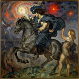 ( he is strong with change, and rideth forth in whirlwind clothed, with thunders and with doom to the red stars ) in the style of max klinger, george frederick watts, jean delville, oil on canvas
