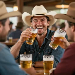 an cowboy laughing and enjoy his drink of beer with friends, photography, realistic, detailed, - n 9