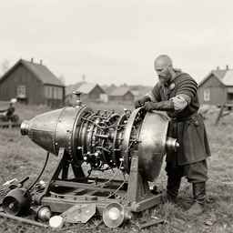 wise angle photo of viking in armor working on the jet engine ancient device, tools and junk on the ground,wires and lights, old village in the distance, vintage old photo, black and white, sepia