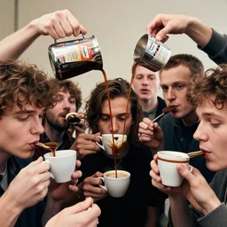 incredible absurd surreal closeup photoshoot advertisement for coffee, people enjoying coffee in the style of tim walker and by denis villeneuve, people pouring coffee on themselves, celebration of coffee products, faces of too much caffeine, vsco film grain