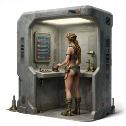 sadie sink as a miner inside a minimalist steampunk automated kiosk with options to choose from. single storyboard panel. scifi cyberpunk. by gabriel hardman, joe alves, chris bonura. cinematic atmosphere, detailed and intricate, perfect anatomy
