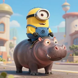 an epic portrait of a minion mountie riding a hippo