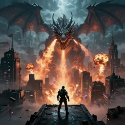mega detail, gigantic city, random inference, dragons breathing fire, dark magic, night fog, clouds, the matrix, in a battle, video game, final boss, character on platform in front of camera, final attack, debris, nuclear explosion