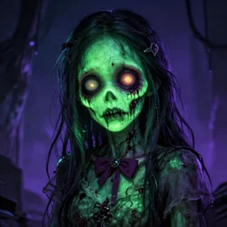super detailed 8 0's horror art of a glowing green and purple pretty zombie girl
