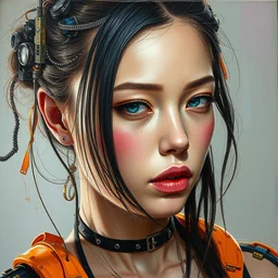 an attractive young cybernetic female, highly detailed oil painting, impasto brush strokes, soft light, 8 k, cyberpunk colour palette, dramatic composition, dramatic lighting, sharp focus, masterpiece, by adrian ghenie and jenny saville and zhang jingna