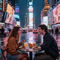 breakfast sits in the road, times square, night time, raining, neon light, romantic, ultra realistic, unreal engine, 4k, artstation